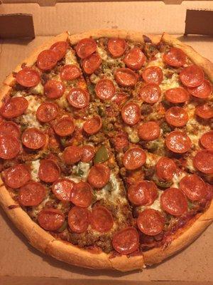 Delicious!  Pepperoni, Sausage, and Green Peppers!