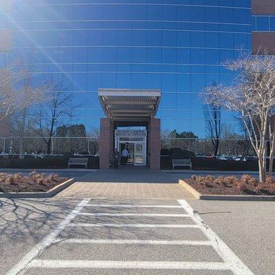 View of North Campus Building Entrance from patient parking lot.